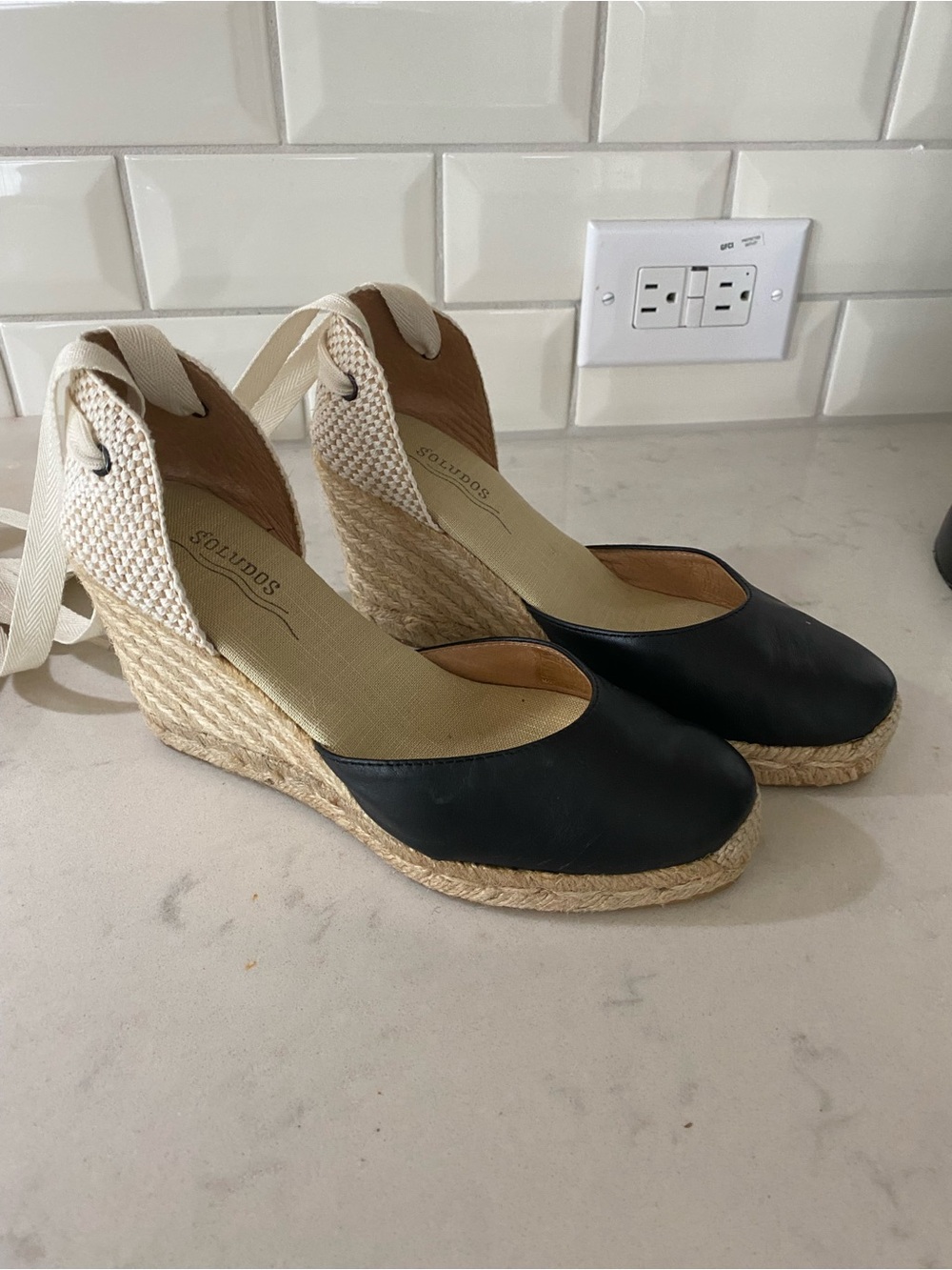 Soludos Black and Natural Espadrille Wedge Sandals